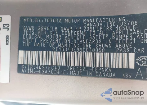 2009 Toyota Corolla Xle z USA, uszkodzony, nr VIN 2T1BU40E99C010058